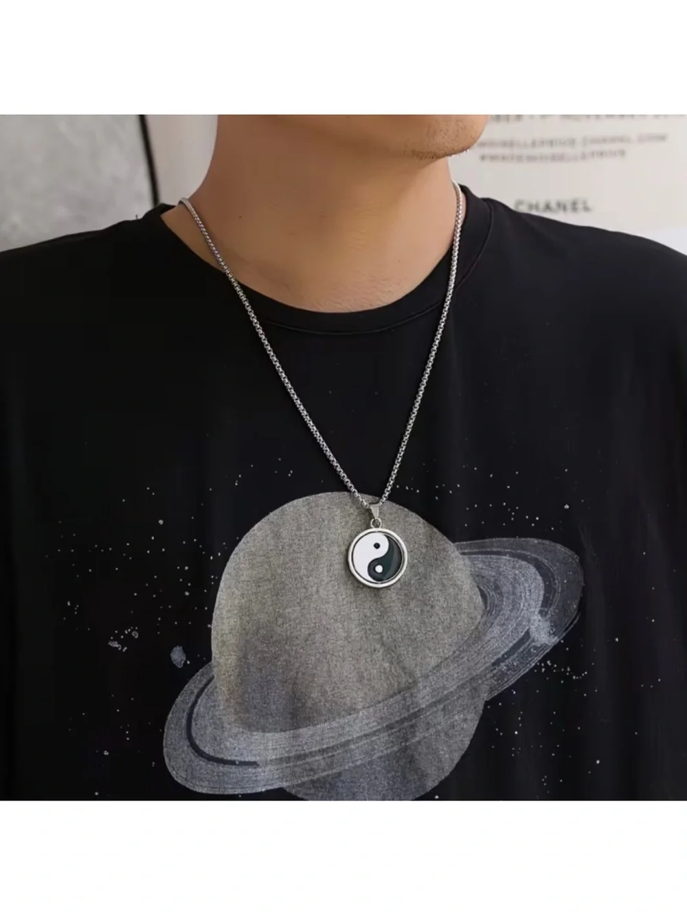 Stainless Steel Yin Yang Necklace Rotating Pendant Symbol Tai Silver Chain N10